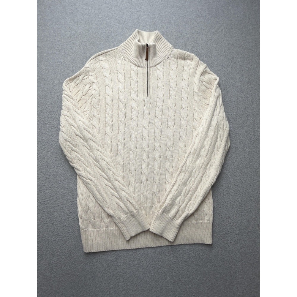 J.Crew Sweater Mens Large White Cotton Cable Knit 1/4 Zip Mock Neck Pullover